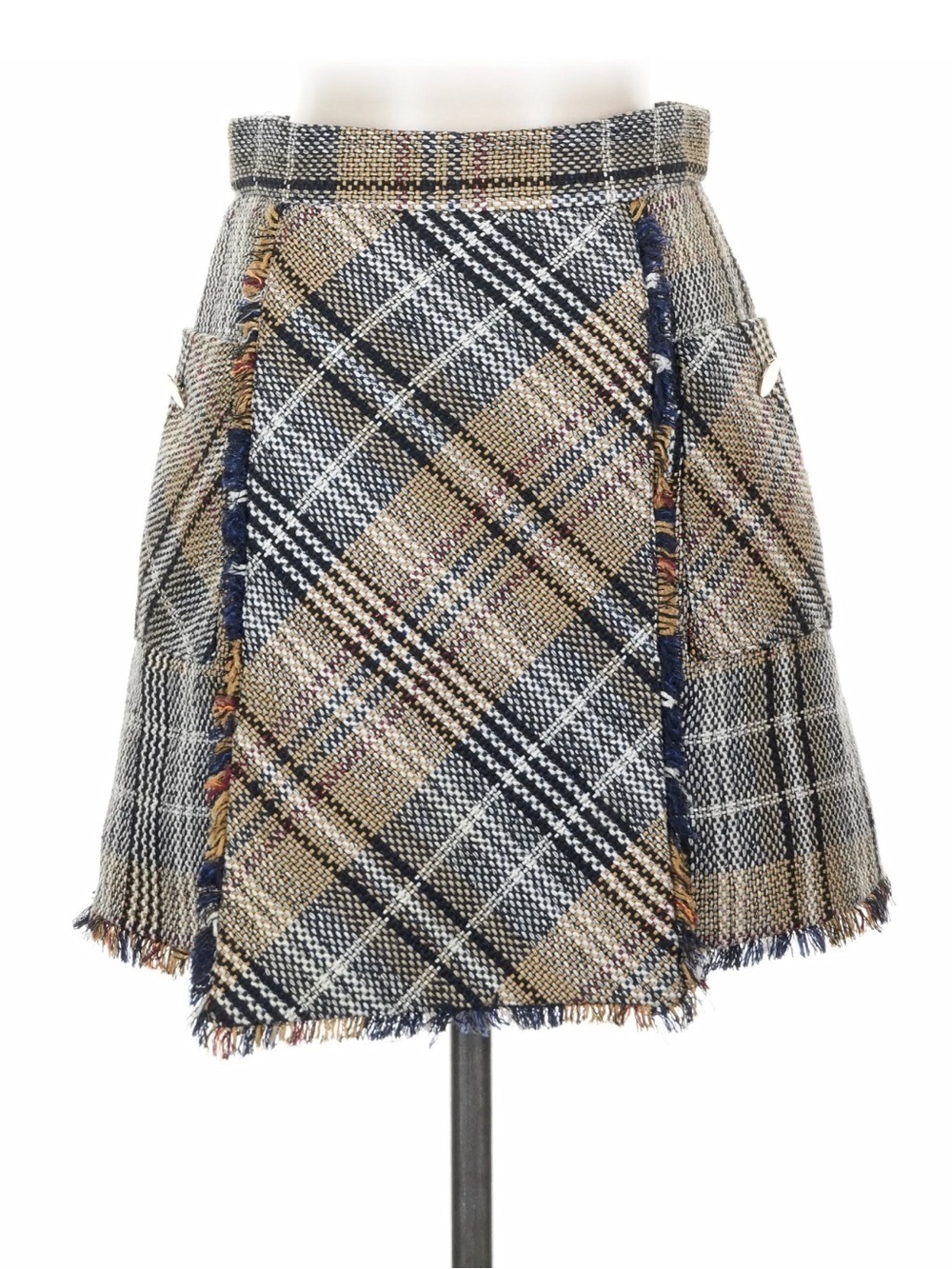 Zara Plaid Fringe Mini Skirt in Navy and Tan